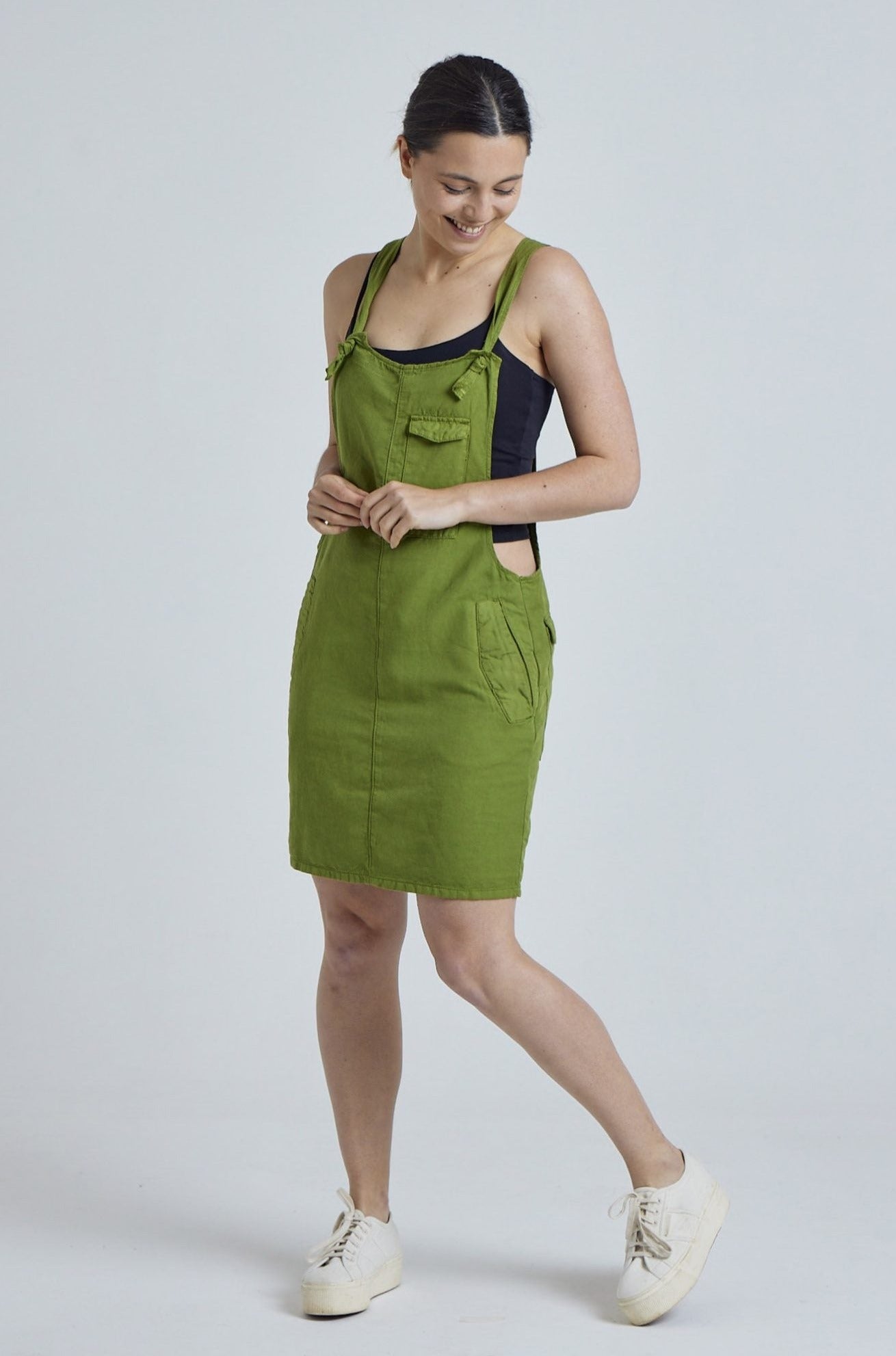 Spring Green Peggy Pocket Dungaree Dress - GOTS Certified Organic Cott Spring Green Peggy Pocket Dungaree Dress - GOTS Certified Organic Cott