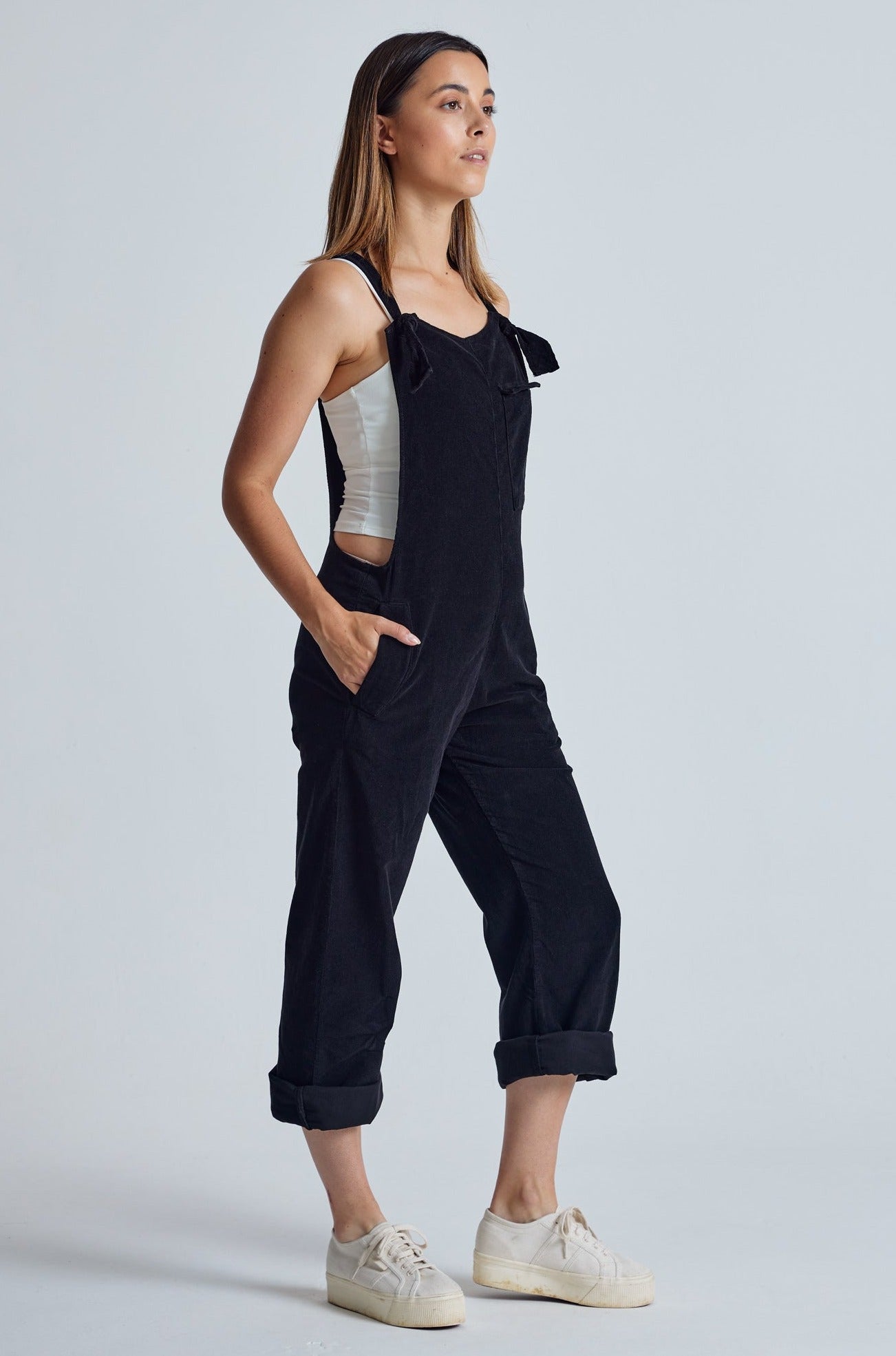 Black Babycord Mary-Lou Pocket Dungaree - GOTS Certified Organic Cotton and Elastane