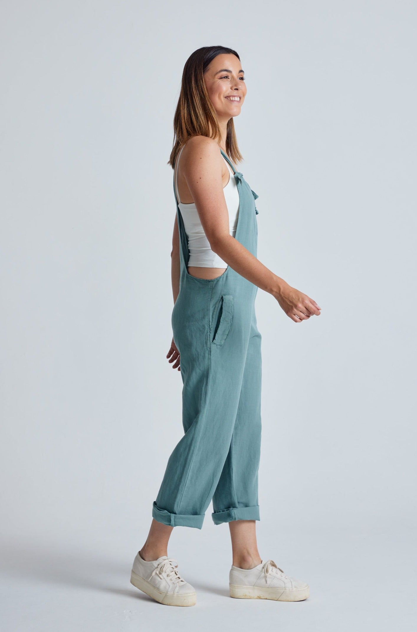 Retro-Blue Mary-Lou Pocket Dungaree - GOTS Certified Organic Cotton and Linen