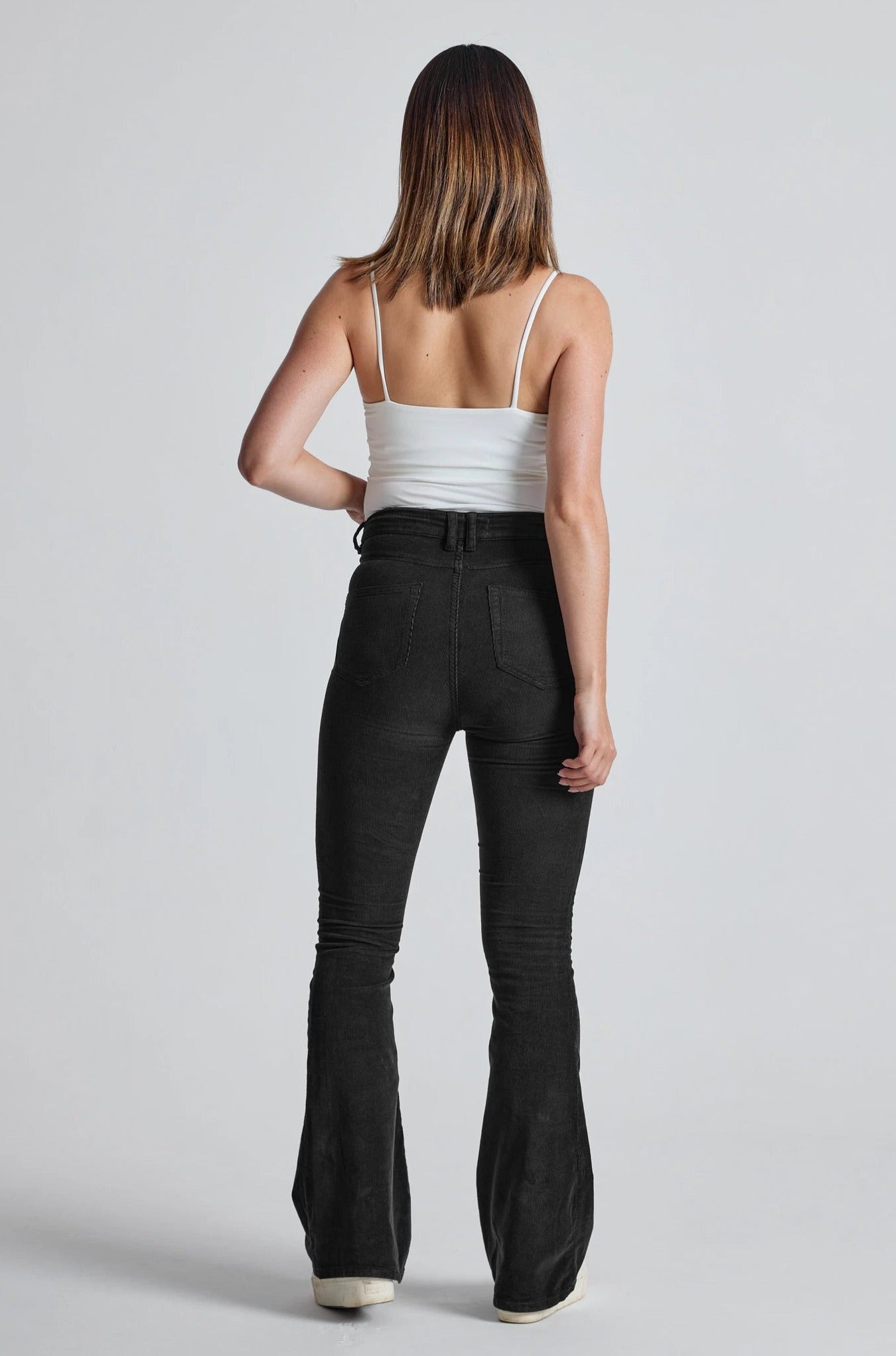 Black Babycord Mavis High Waisted Skinny Flared Jeans - GOTS Certified Organic Cotton and Elastane