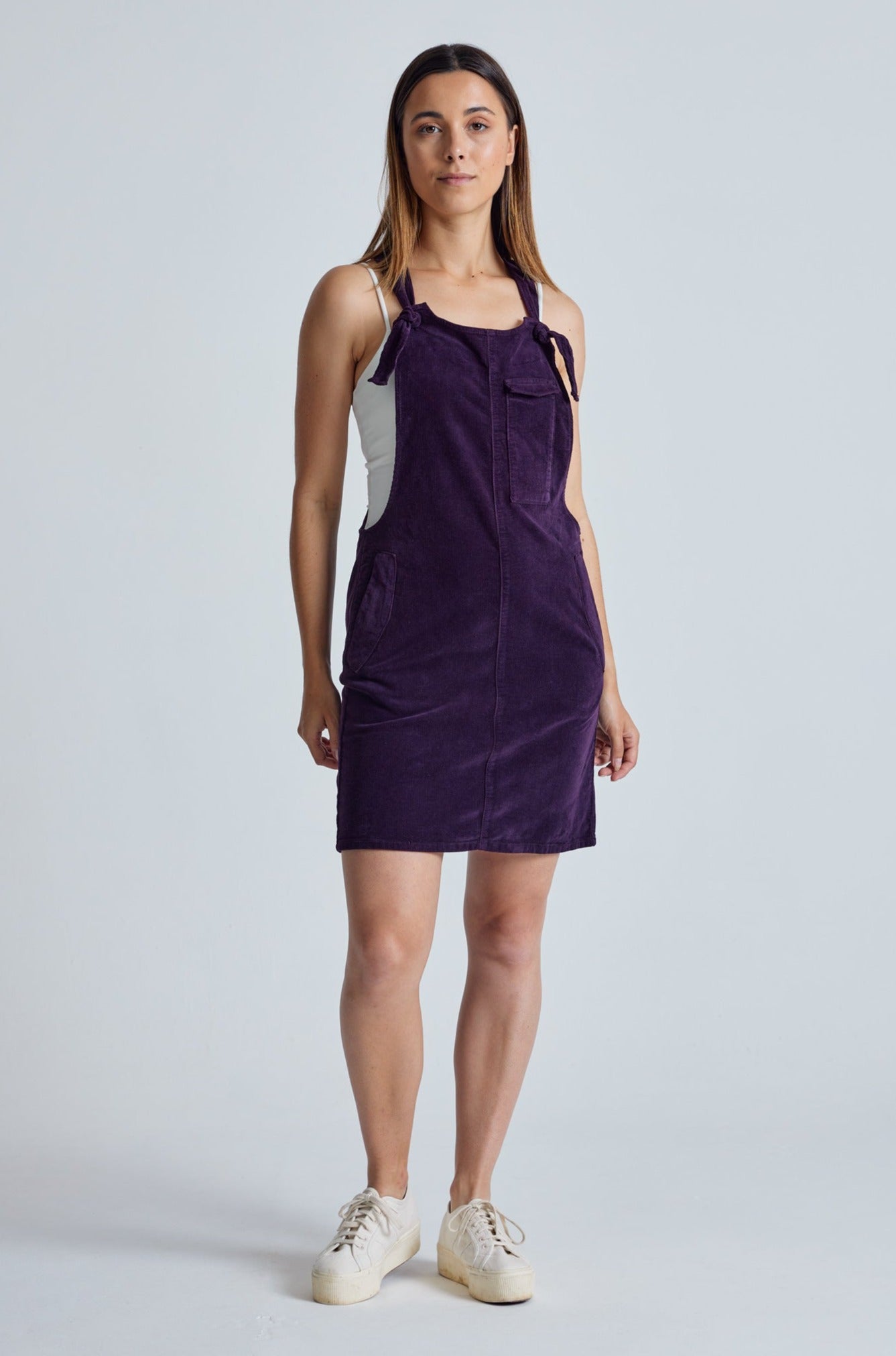 Aubergine Babycord Peggy Pocket Dungaree Dress - GOTS Certified Organic Cotton and Elastane