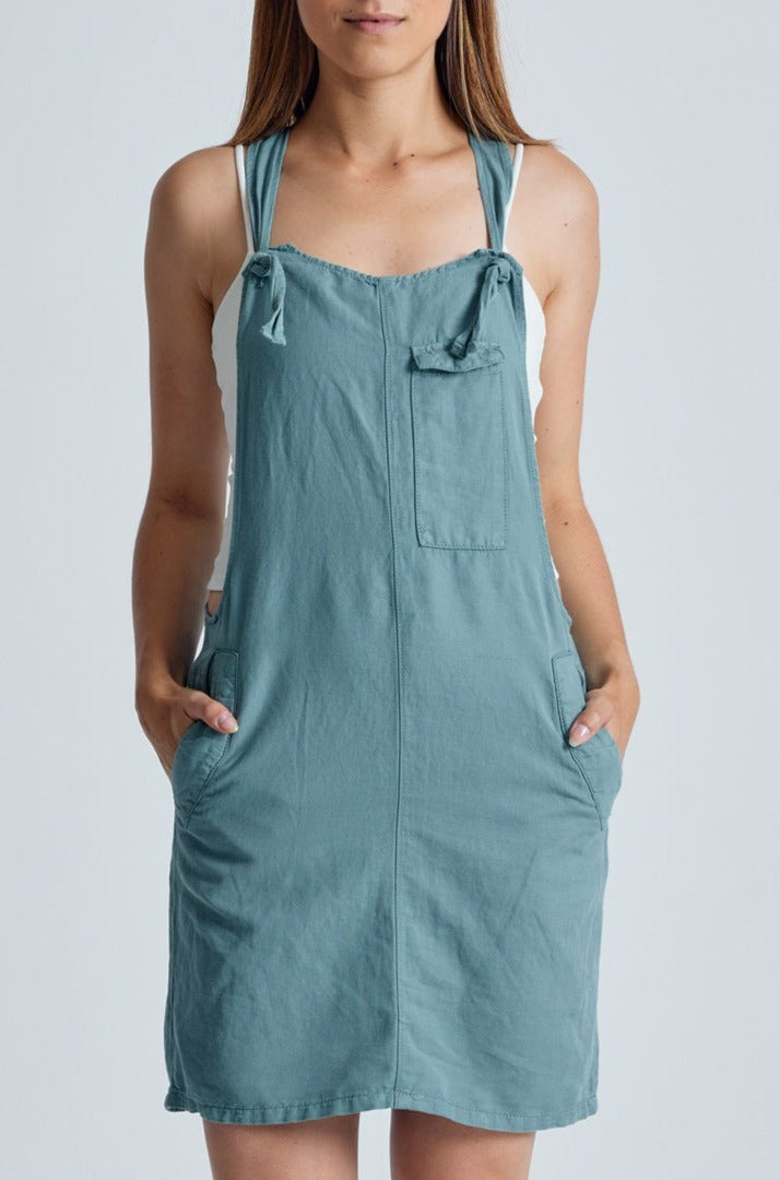 dungaree dress linen Retro-Blue Peggy Pocket Dungaree Dress