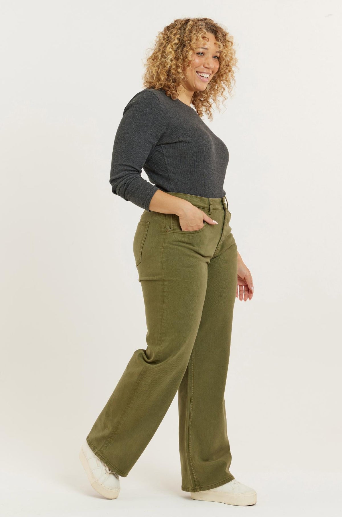 Olive Recycled Wood Etta High Waist Wide Leg Jeans