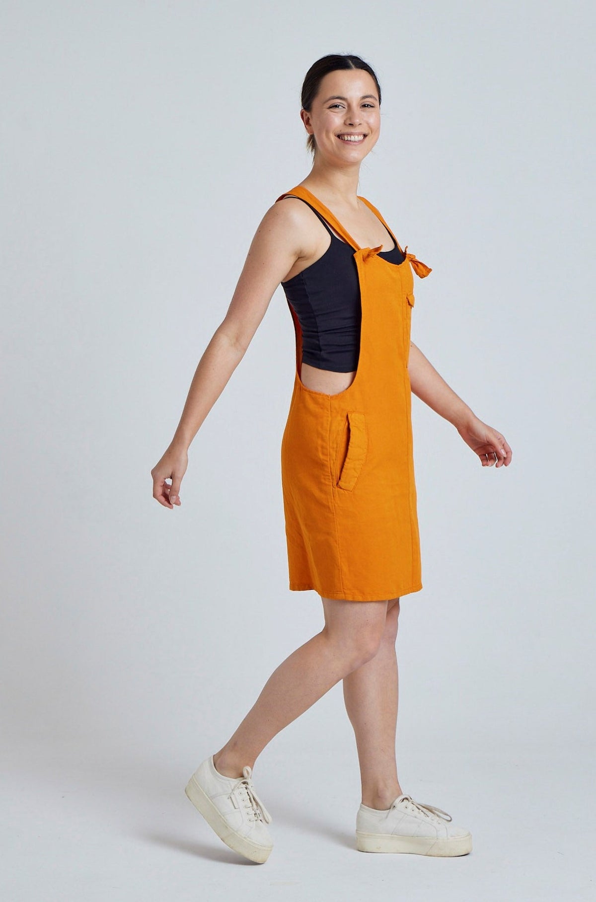 Sun Orange Peggy Pocket Dungaree Dress - GOTS Certified Organic Cotton and Linen