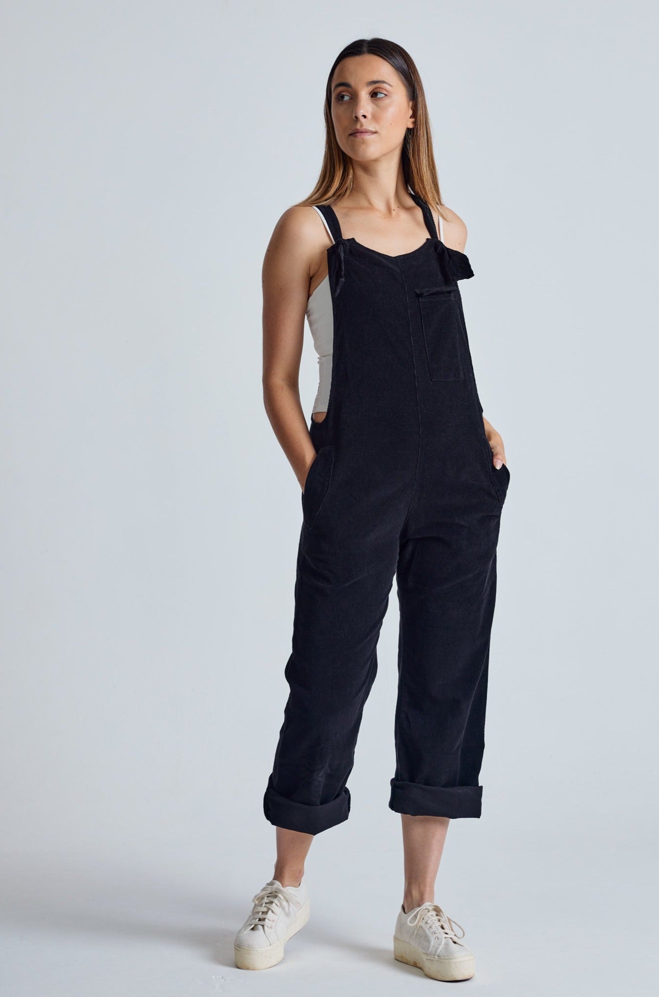 Black Babycord Mary-Lou Pocket Dungaree - GOTS Certified Organic Cotton and Elastane