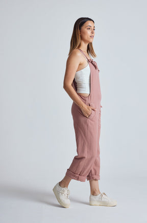 Retro-Pink Mary-Lou Pocket Dungaree - GOTS Certified Organic Cotton and Linen