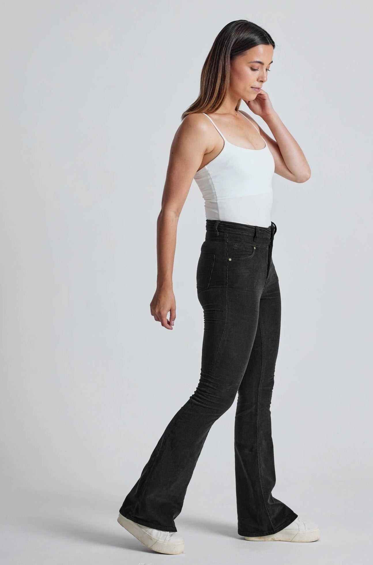 Black Babycord Mavis High Waisted Skinny Flared Jeans - GOTS Certified Organic Cotton and Elastane