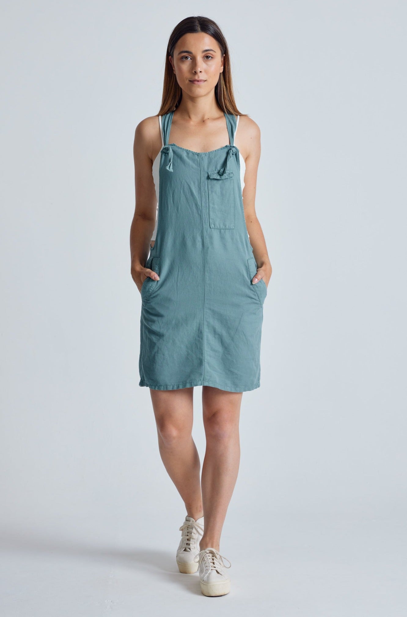 Retro-Blue Peggy Pocket Dungaree Dress - GOTS Certified Organic Cotton and Linen